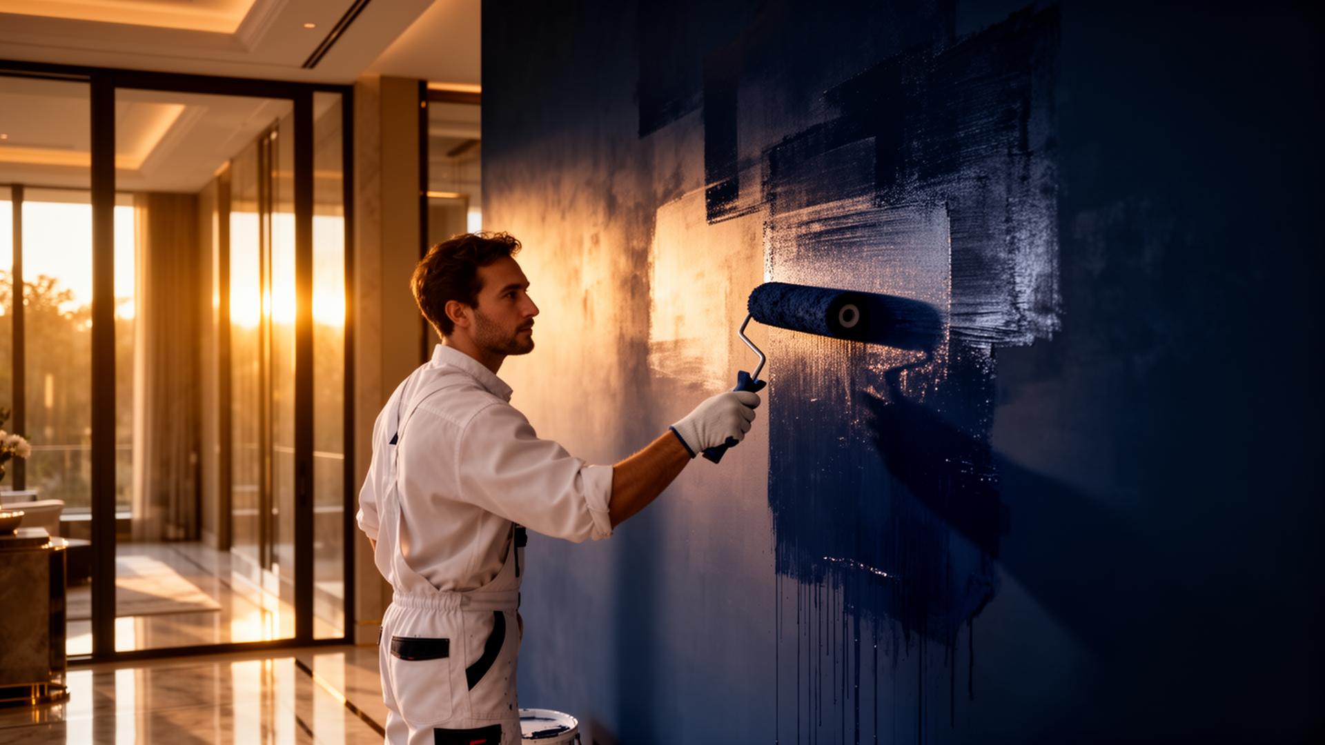 Professional painter applying premium paint in a luxury home interior